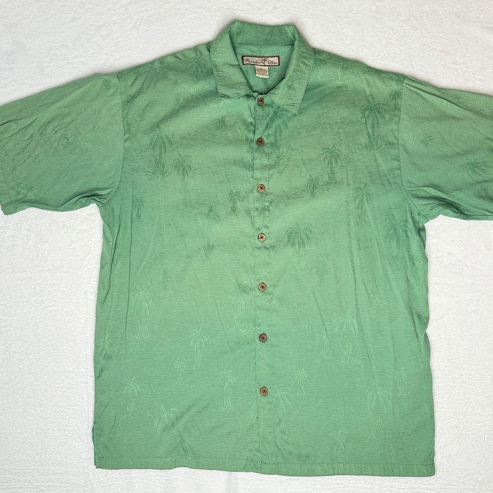 Paradise Blue Hawaiian Camp Shirt Mens L Green Palm Tree Rayon Tropical Aloha